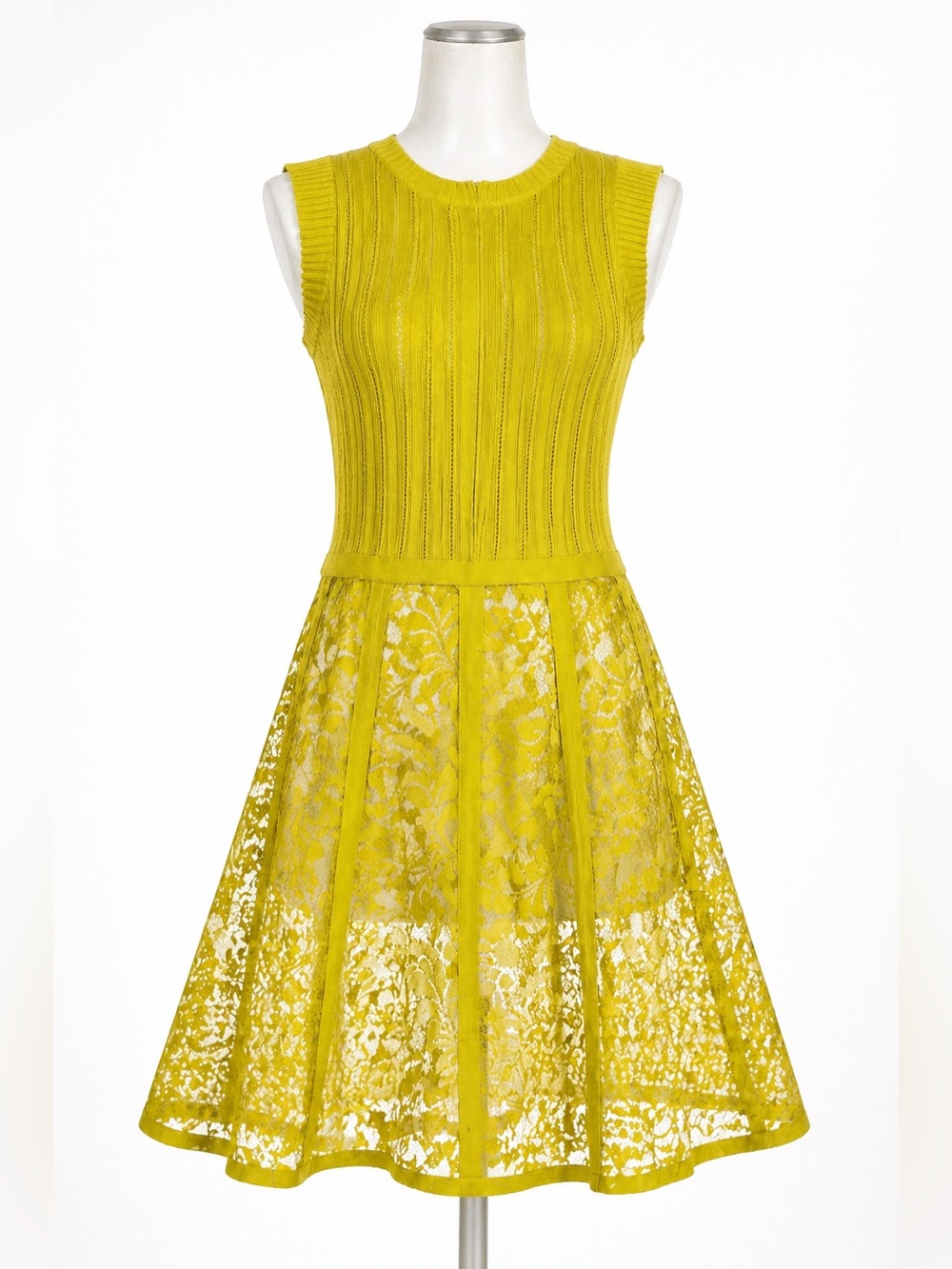 Nanette Lepore Dress M Yellow Knit Lace A-Line Merino Wool Elegant